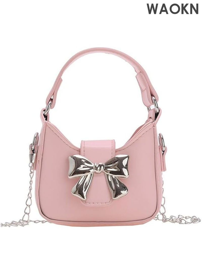 WAOKN Mini Crossbody Purse for Little Girls - Adorable Bow Magnetic Buckle Handbag with Adjustable Strap - Cute Shoulder Bag for Kids Ages 4-12 - Perfect Birthday Gift, Party Favor & Dress-Up Accessory (Pink) - Image 1