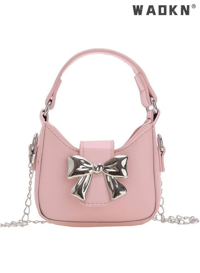 WAOKN Mini Crossbody Purse for Little Girls - Adorable Bow Magnetic Buckle Handbag with Adjustable Strap - Cute Shoulder Bag for Kids Ages 4-12 - Perfect Birthday Gift, Party Favor & Dress-Up Accessory (Pink) - Image 1
