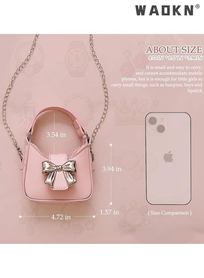 WAOKN Mini Crossbody Purse for Little Girls - Adorable Bow Magnetic Buckle Handbag with Adjustable Strap - Cute Shoulder Bag for Kids Ages 4-12 - Perfect Birthday Gift, Party Favor & Dress-Up Accessory (Pink) - Image 2