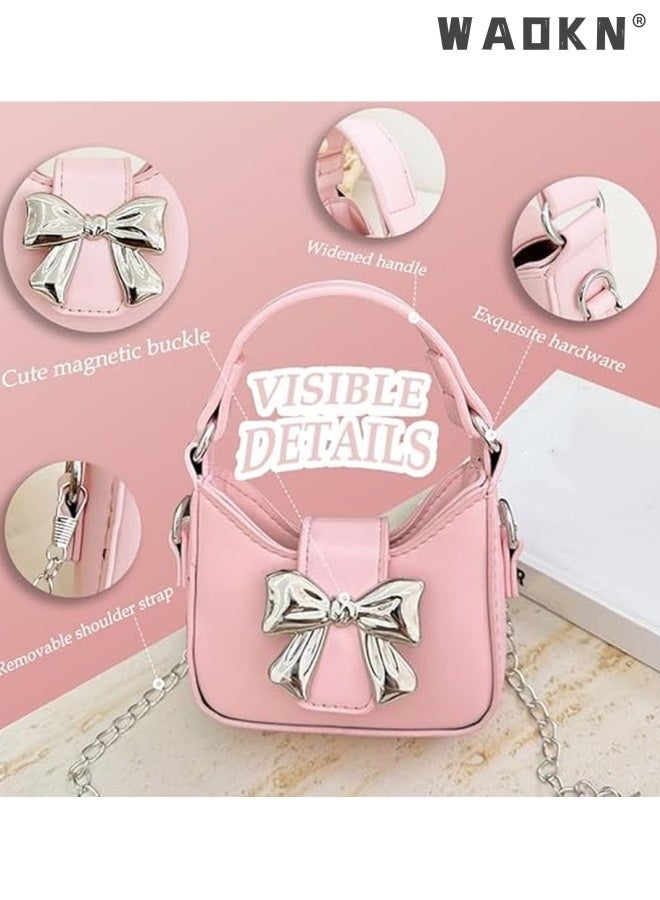 WAOKN Mini Crossbody Purse for Little Girls - Adorable Bow Magnetic Buckle Handbag with Adjustable Strap - Cute Shoulder Bag for Kids Ages 4-12 - Perfect Birthday Gift, Party Favor & Dress-Up Accessory (Pink) - Image 4