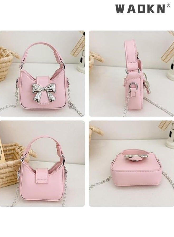 WAOKN Mini Crossbody Purse for Little Girls - Adorable Bow Magnetic Buckle Handbag with Adjustable Strap - Cute Shoulder Bag for Kids Ages 4-12 - Perfect Birthday Gift, Party Favor & Dress-Up Accessory (Pink) - Image 5