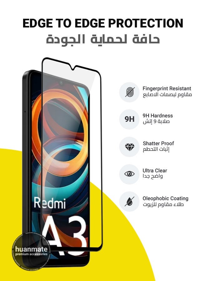 huanmate 2 Pieces Xiaomi Redmi A3 Screen Protector – Premium Edge to Edge Tempered Glass, High Transparency, Delicate Touch, Anti-Explosion, Smooth Arc Edges, Easy Installation - Image 2