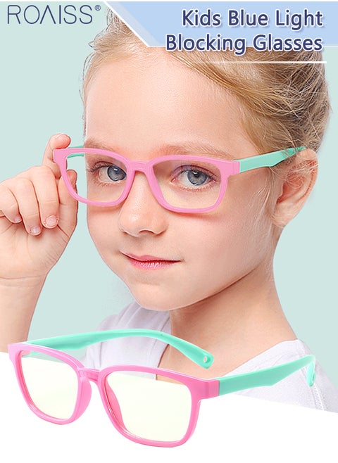 Kids Blue Light Blocking Glasses, Anti Eyestrain Computer Glasses, Gaming Eyewear UV400 Protection with Light Weight TPEE Frame for Boys Girls and Children Age 3-12, Pink Green