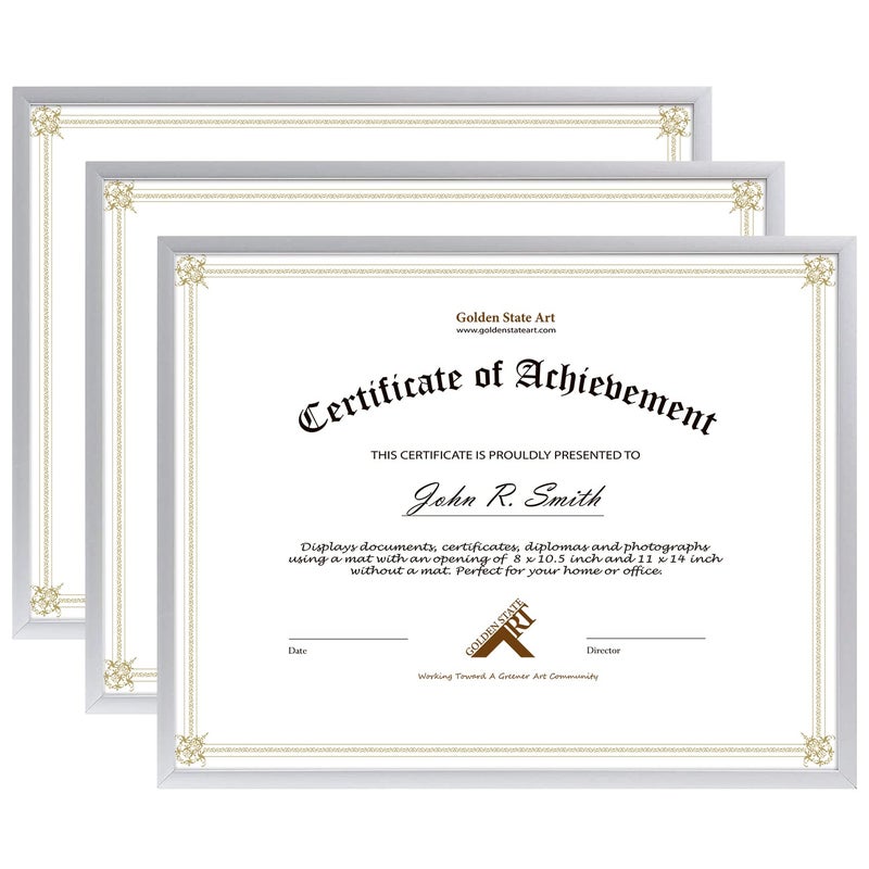 Golden State Art Golden State Art 85x11 Aluminum Frame Real Glass Metal Frame for 85 by 11 inch Document Certificate Diploma with Easel Stand Silver 3pack 