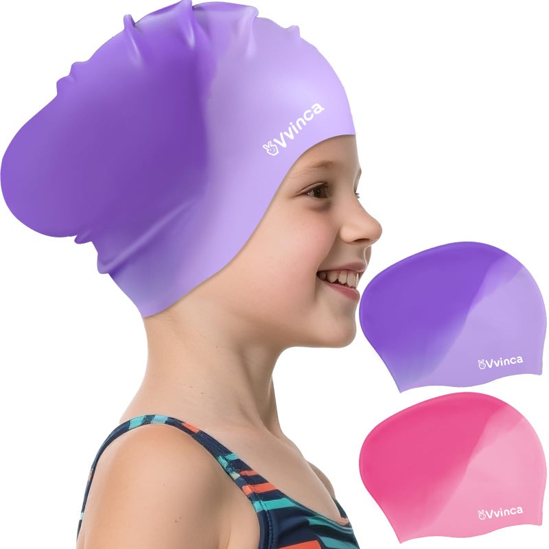 Vvinca Swim Cap Kids for Long Hair Braids Curly, 2 Pack Silicone Waterproof Swimming Caps for Toddler Girls Boys Age 3-8 Keep Hair Dry Pool Water Swim Hats - Image 1