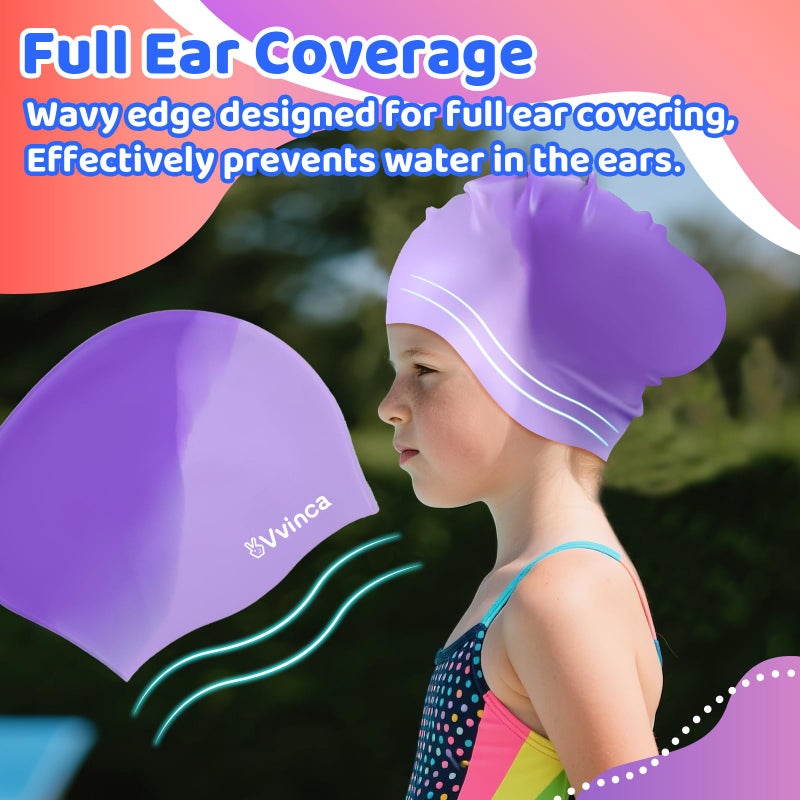 Vvinca Swim Cap Kids for Long Hair Braids Curly, 2 Pack Silicone Waterproof Swimming Caps for Toddler Girls Boys Age 3-8 Keep Hair Dry Pool Water Swim Hats - Image 4