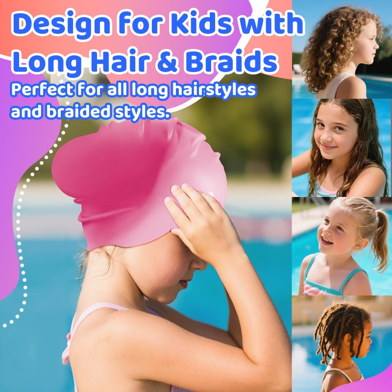 Vvinca Swim Cap Kids for Long Hair Braids Curly, 2 Pack Silicone Waterproof Swimming Caps for Toddler Girls Boys Age 3-8 Keep Hair Dry Pool Water Swim Hats - Image 2