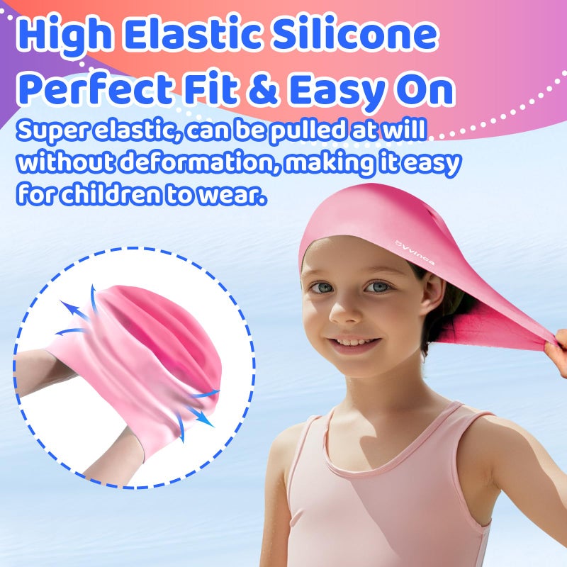 Vvinca Swim Cap Kids for Long Hair Braids Curly, 2 Pack Silicone Waterproof Swimming Caps for Toddler Girls Boys Age 3-8 Keep Hair Dry Pool Water Swim Hats - Image 5