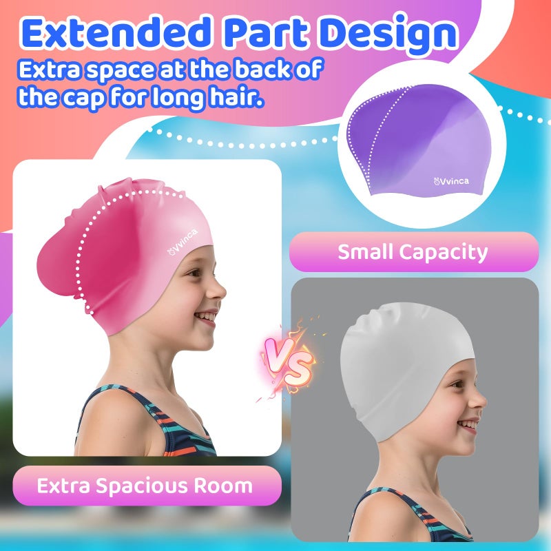 Vvinca Swim Cap Kids for Long Hair Braids Curly, 2 Pack Silicone Waterproof Swimming Caps for Toddler Girls Boys Age 3-8 Keep Hair Dry Pool Water Swim Hats - Image 3