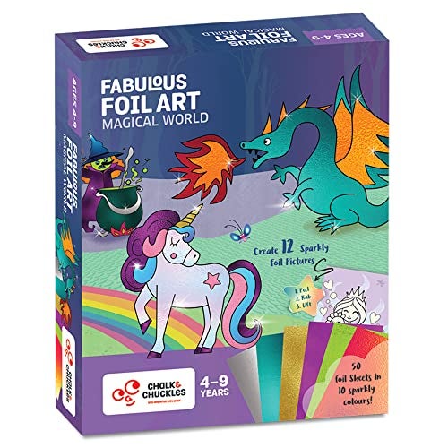 Chalk and Chuckles Art and Craft Kit, Fabulous Foil Art, for Girls, Boys Age 4-9 Year, Create 12 Magical World Theme Pictures -Princess, Unicorn Toys, Mess-Free Sticker for Kids, Paper, Multicolor - Image 1