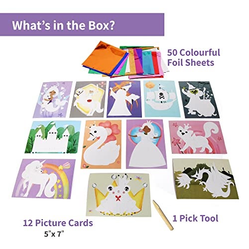 Chalk and Chuckles Art and Craft Kit, Fabulous Foil Art, for Girls, Boys Age 4-9 Year, Create 12 Magical World Theme Pictures -Princess, Unicorn Toys, Mess-Free Sticker for Kids, Paper, Multicolor - Image 2