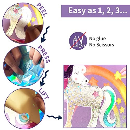 Chalk and Chuckles Art and Craft Kit, Fabulous Foil Art, for Girls, Boys Age 4-9 Year, Create 12 Magical World Theme Pictures -Princess, Unicorn Toys, Mess-Free Sticker for Kids, Paper, Multicolor - Image 5