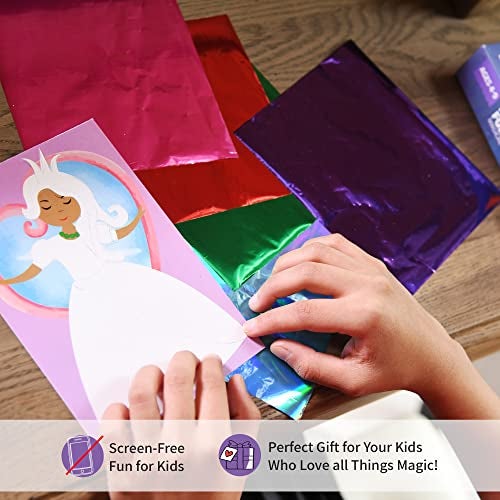 Chalk and Chuckles Art and Craft Kit, Fabulous Foil Art, for Girls, Boys Age 4-9 Year, Create 12 Magical World Theme Pictures -Princess, Unicorn Toys, Mess-Free Sticker for Kids, Paper, Multicolor - Image 4