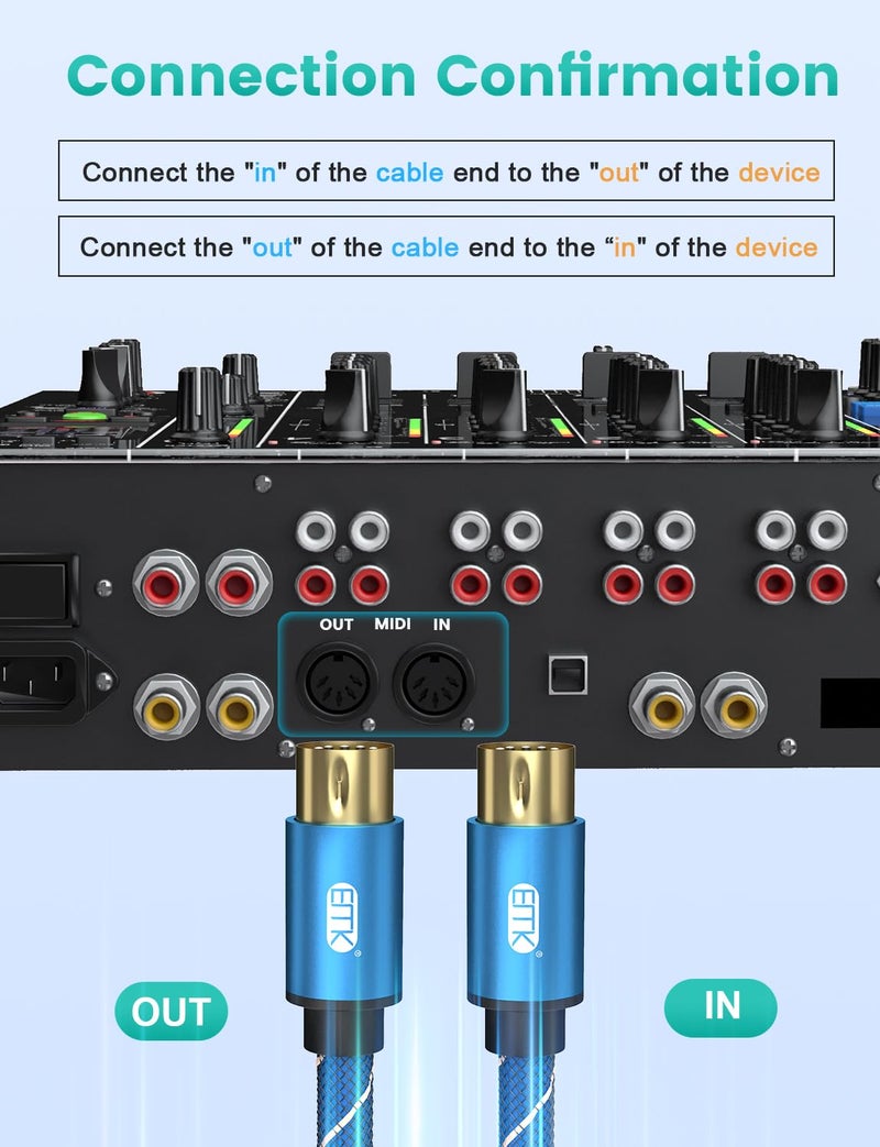 كابل MIDI من بـ 5 دبابيس متوافق مع لوحة مفاتيح MIDI، ولوحة مفاتيح السينث، وسينث الر��ك، والعينة، وبطاقة الصوت الخارجية، ومصدر الصوت وغيرها من معدات الموسيقى (3.3 قدم/1 متر - قطعتان) - Image 2