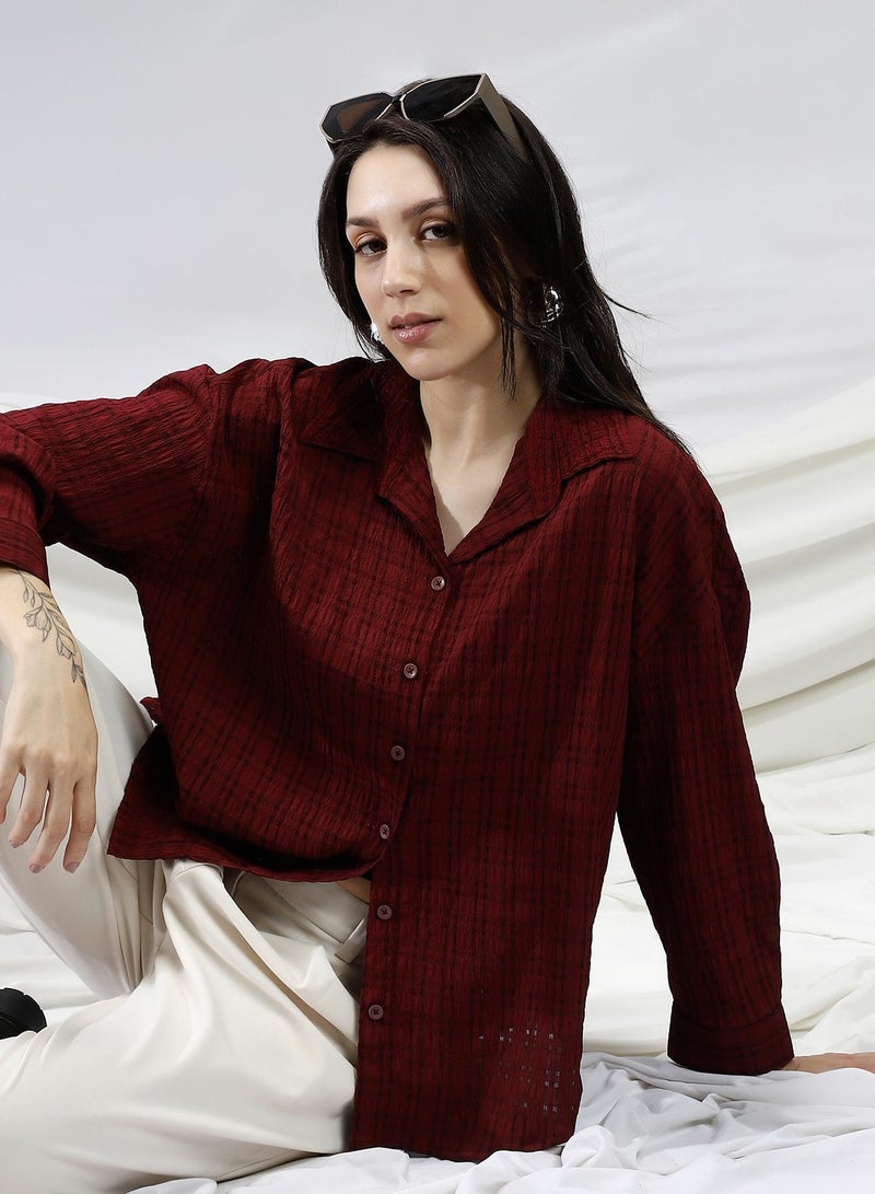 Campus Sutra Women's Burgundy Red Halo Check-Tactile Relaxed Shirt - Image 2