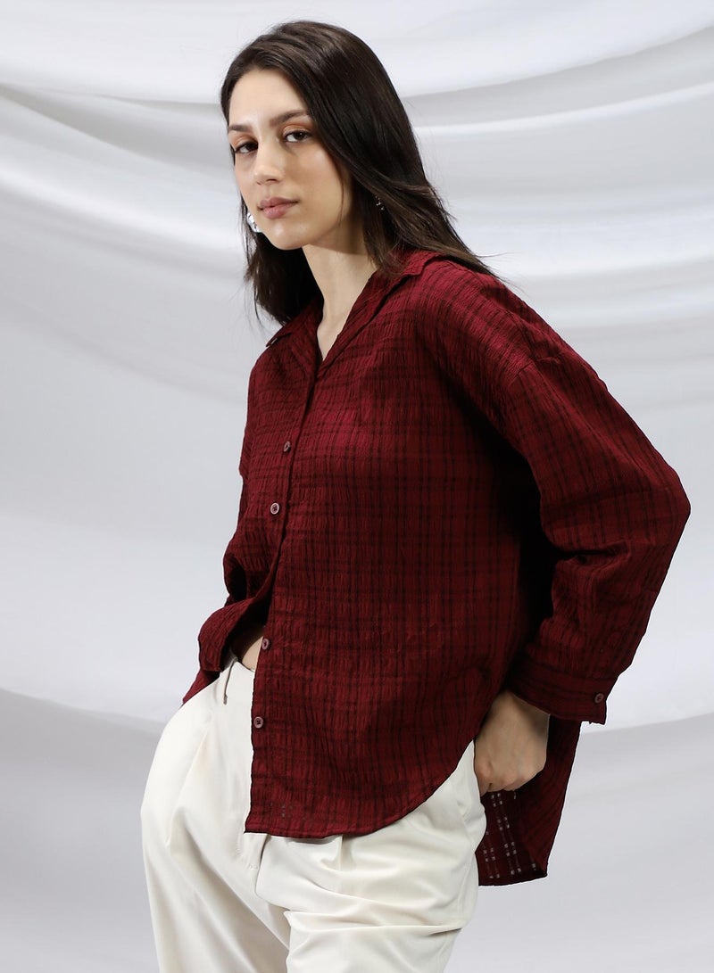 Campus Sutra Women's Burgundy Red Halo Check-Tactile Relaxed Shirt - Image 3