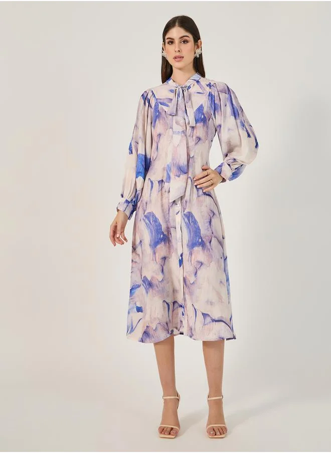 ستايلي All Over Print Tie-Up Neck Shirt Midi Dress