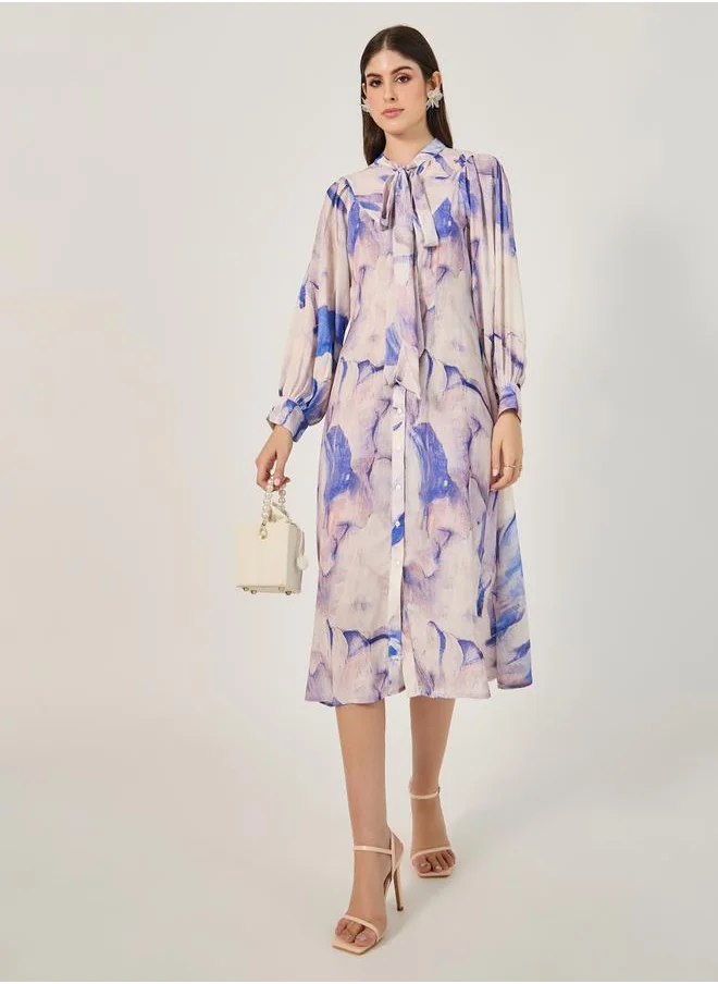 Styli All Over Print Tie-Up Neck Shirt Midi Dress