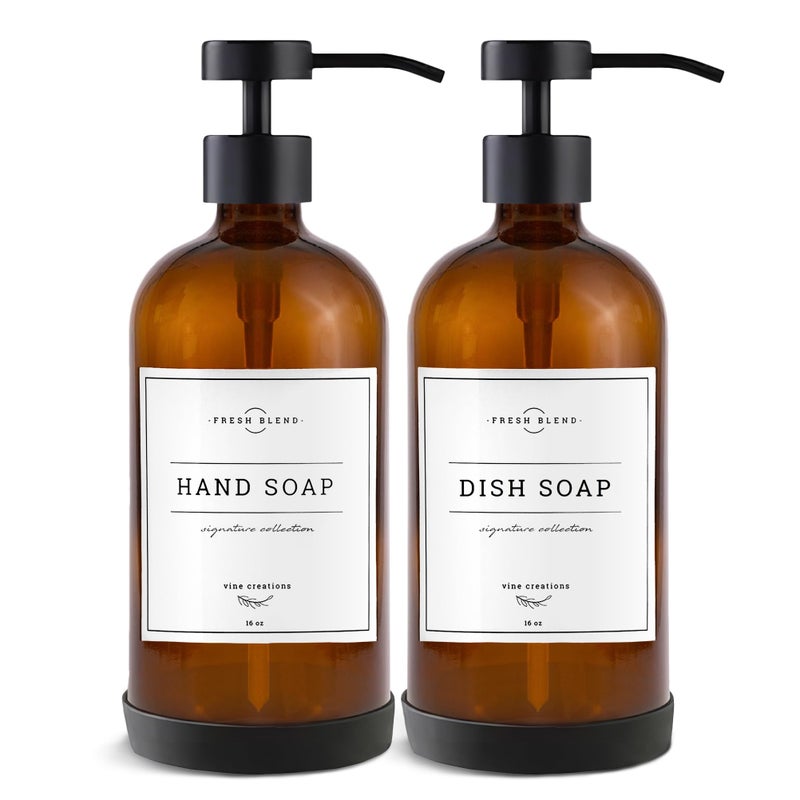 Vine Creations Amber Glass Soap Dispenser Set Kitchen Soap Dispenser Set with Stainless Steel Pump 16 oz Dish Soap and Hand Soap Dispensers for Bathroom with Silicone Pad Waterproof Labels