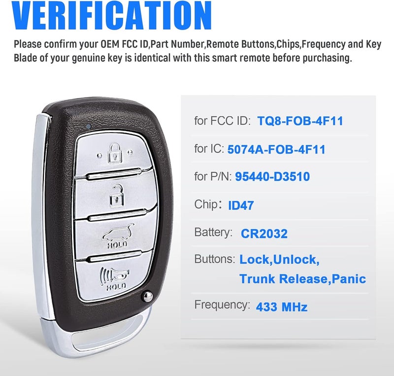 Keymall Car Smart Key Fob Keyless Entry Remote Control Replacement for Hyundai Tucson 2018 2019 2020 2021 433MHz 47Chip(FCC ID:TQ8-FOB-4F11 P/N:95440-D3510) 4 Buttons - Image 3