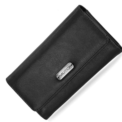 Nautica Money Manager Womens Slim Compact RFID Blocking Credit Card Holder Clutch Wallet Organizer with Zipper Coin Purse and Phone Compartment in Black (Buff) - Image 1