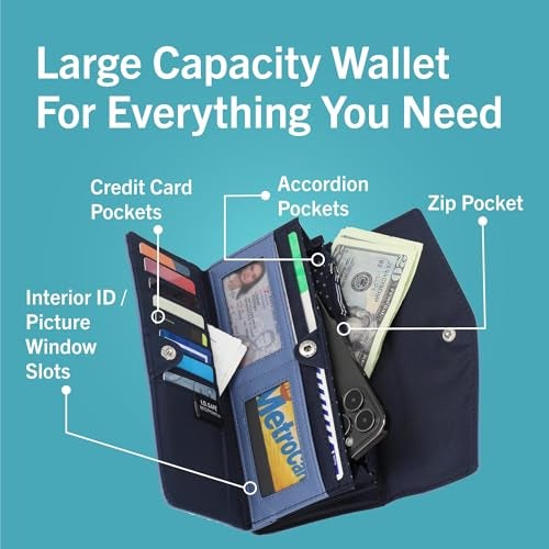 Nautica Money Manager Womens Slim Compact RFID Blocking Credit Card Holder Clutch Wallet Organizer with Zipper Coin Purse and Phone Compartment in Black (Buff) - Image 3