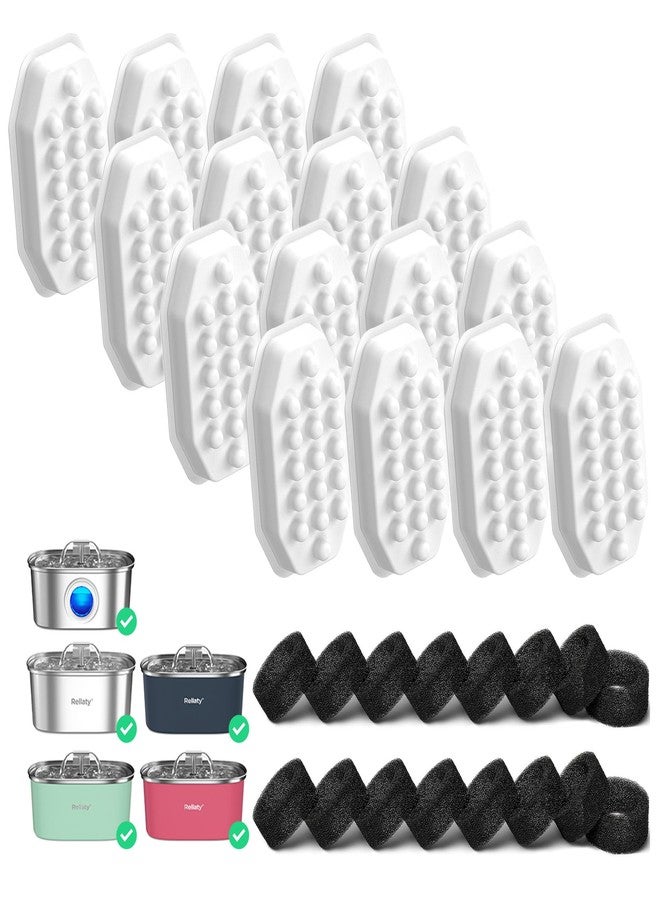 Rellaty Official 32PCS Cat Water Fountain Filters Replacement & Pre-Filter Sponges for 3.2L/108oz Automatic Pet Water Fountain (16 filters +16 sponges) - Image 1