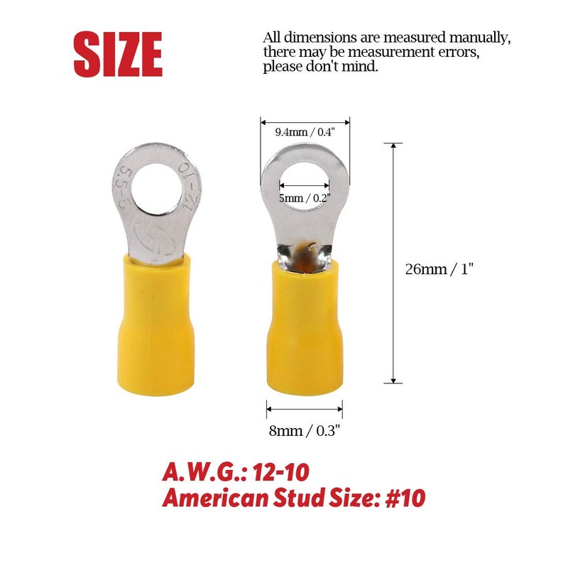 Hilitchi 100Pcs 12-10AWG Insulated Terminals Ring Electrical Wire Crimp Connectors (Yellow, M5) (Yellow - M5) - Image 2
