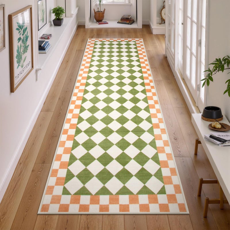 Checkered Kitchen Runners Rug 2x7 Washable UltraThin Hallway Runner Rug Checkerboard Soft Low Pile Indoor Floor Carpet for Entryway Nursery Bathroom Bedroom Green