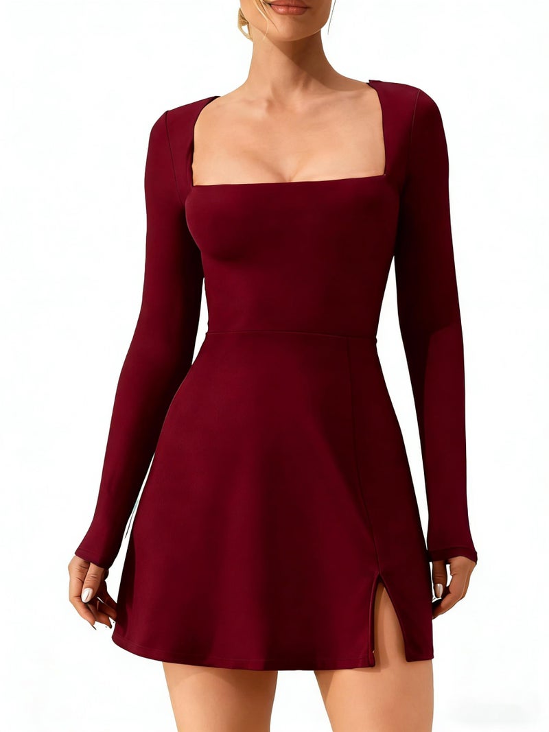 MAGICMK Women's Long Sleeve Square Neck Split Hem Bodycon Mini Party Club Cocktai Dress Wine - Image 1