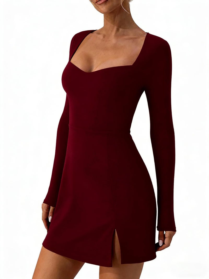 MAGICMK Women's Long Sleeve Square Neck Split Hem Bodycon Mini Party Club Cocktai Dress Wine - Image 4