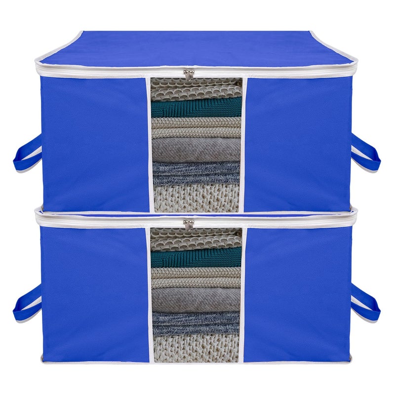 Kuber Industries Underbed Storage Bag Plain White Border Blanket Cover with Clear Window Zipper Closure Handle Cloth Organizer Large Pack of 2 Royal Blue - Image 1