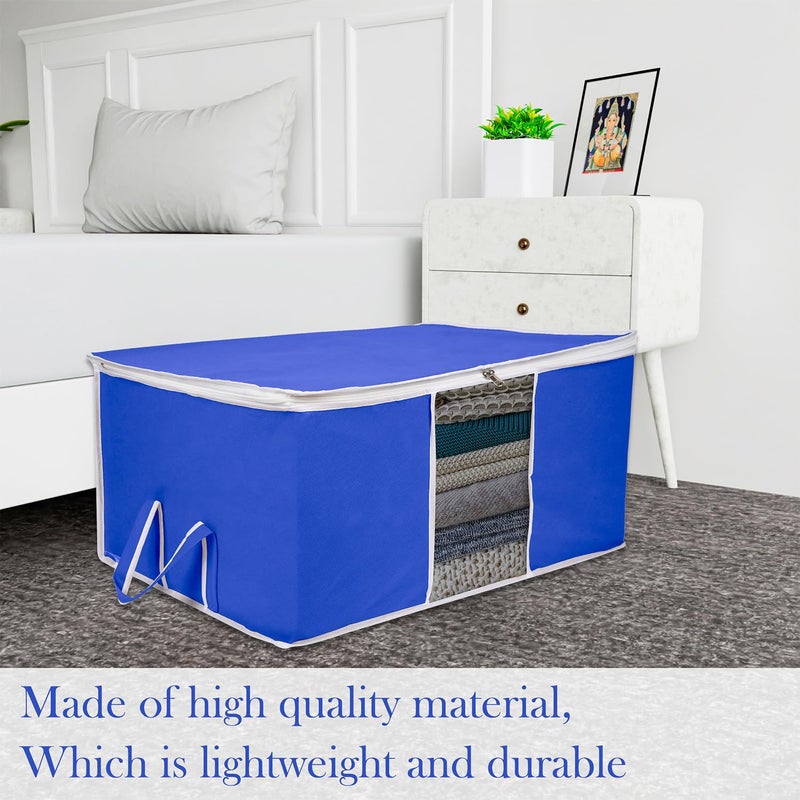 Kuber Industries Underbed Storage Bag Plain White Border Blanket Cover with Clear Window Zipper Closure Handle Cloth Organizer Large Pack of 2 Royal Blue - Image 2