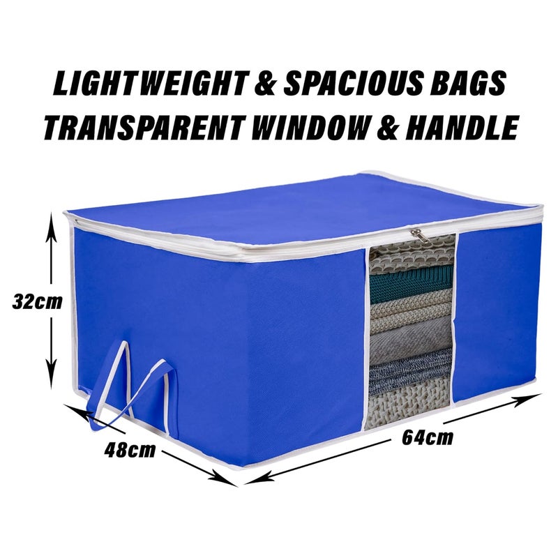 Kuber Industries Underbed Storage Bag Plain White Border Blanket Cover with Clear Window Zipper Closure Handle Cloth Organizer Large Pack of 2 Royal Blue - Image 3