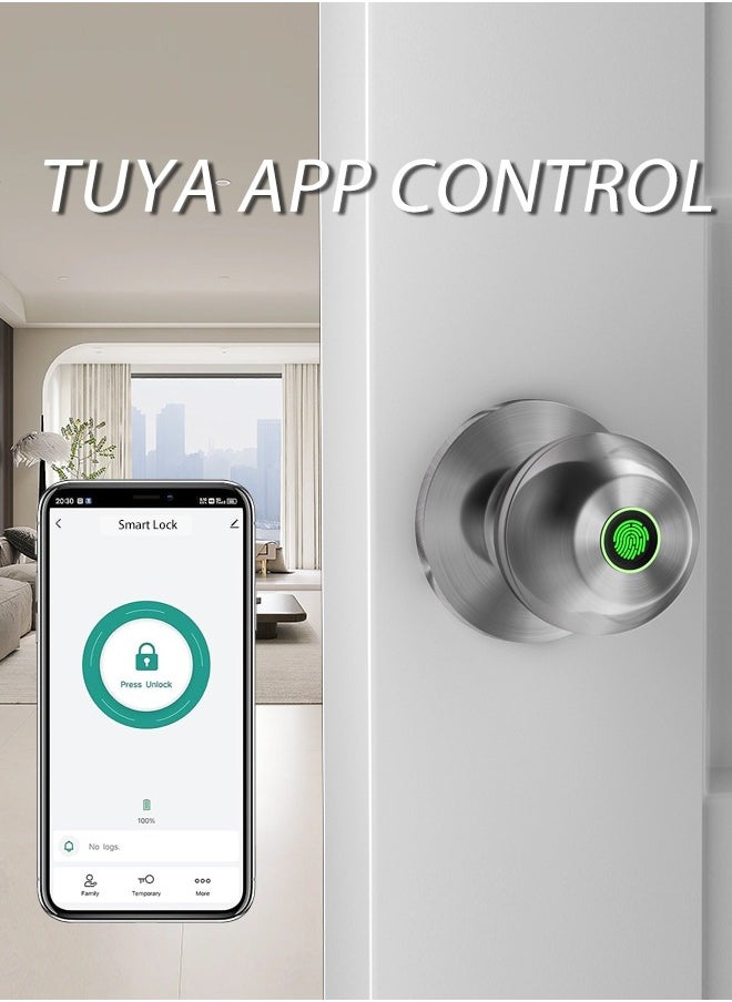 ALINK - Smart Door Knob, Fingerprint Door Lock with  Keys, Keyless Entry Door Lock, 3 Ways Unlock Biometric Door Knob, Emergency Charging Door Lock for Interior Door,Tuya bluetooth control (Sliver) - Image 1