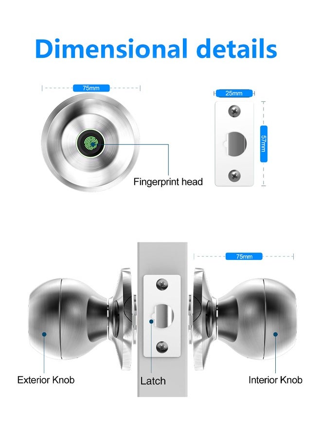 ALINK - Smart Door Knob, Fingerprint Door Lock with  Keys, Keyless Entry Door Lock, 3 Ways Unlock Biometric Door Knob, Emergency Charging Door Lock for Interior Door,Tuya bluetooth control (Sliver) - Image 1