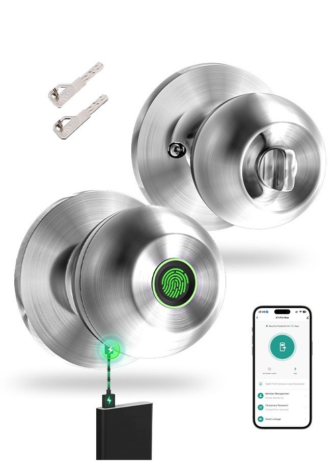 ALINK - Smart Door Knob, Fingerprint Door Lock with  Keys, Keyless Entry Door Lock, 3 Ways Unlock Biometric Door Knob, Emergency Charging Door Lock for Interior Door,Tuya bluetooth control (Sliver) - Image 1