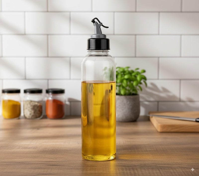 ReeQ Plastic Oil Dispenser Bottle with Pouring Spout, Clear and Black - Image 1
