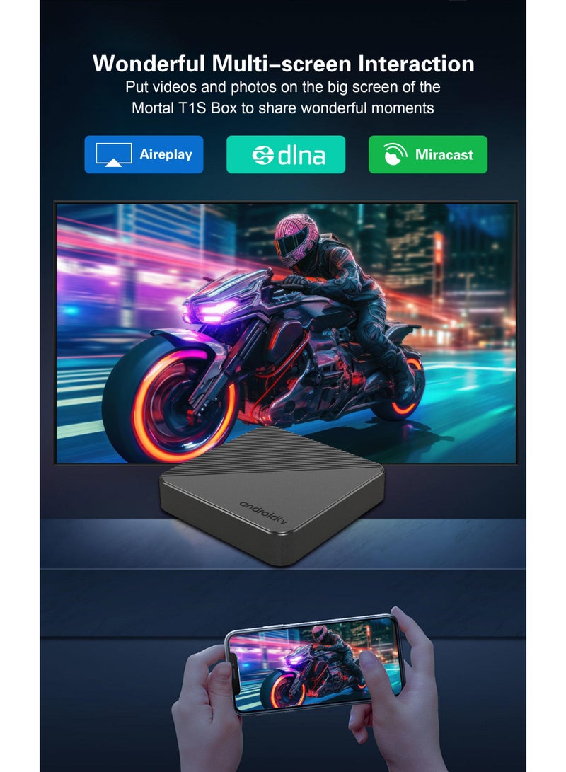 T1s Smart Android TV Box 14.0 with 8K Ultra HD Streaming, Voice Control Remote, Google Assistant, and High-Speed Wi-Fi Media Player - Black - Image 4