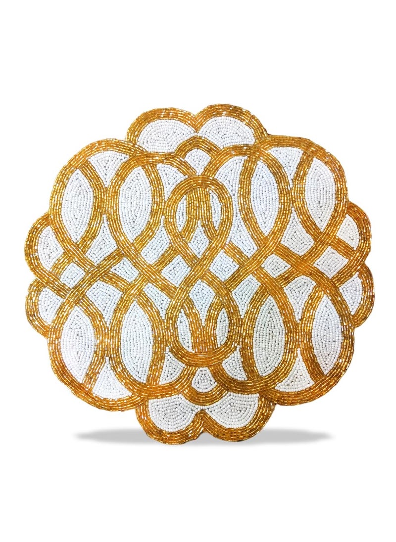 Good Vibes Glass Beads Place MatsRound Table MatEmbroidered Table MatRound Beaded Table MatsCutwork Design Dining Table MatsDressing Table MatsBed Side Table matsWhite Gold 14 Inches  - Image 3