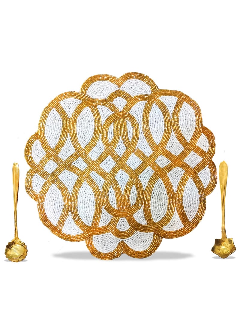 Good Vibes Glass Beads Place MatsRound Table MatEmbroidered Table MatRound Beaded Table MatsCutwork Design Dining Table MatsDressing Table MatsBed Side Table matsWhite Gold 14 Inches  - Image 4