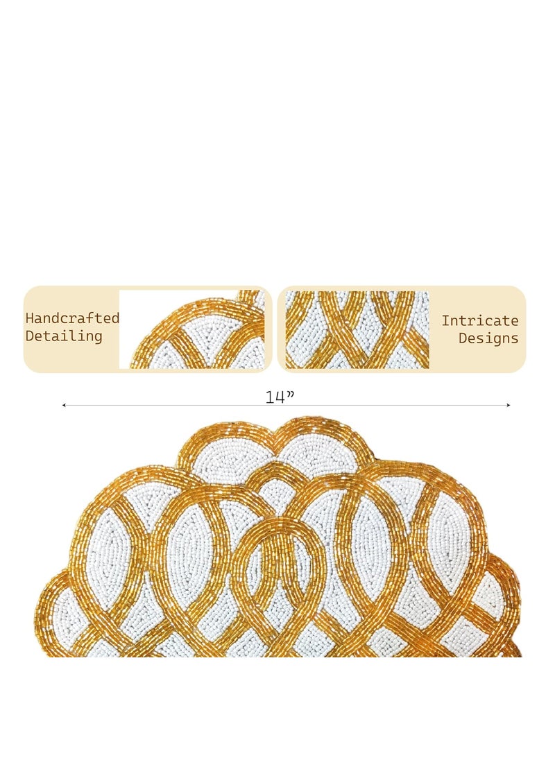 Good Vibes Glass Beads Place MatsRound Table MatEmbroidered Table MatRound Beaded Table MatsCutwork Design Dining Table MatsDressing Table MatsBed Side Table matsWhite Gold 14 Inches  - Image 2