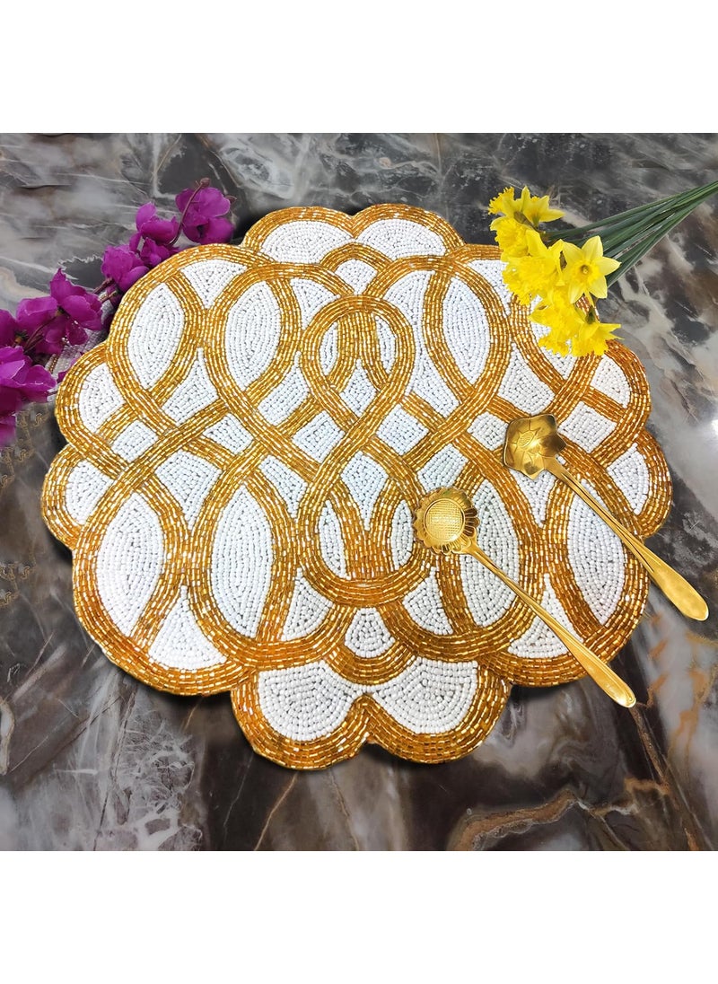 Good Vibes Glass Beads Place MatsRound Table MatEmbroidered Table MatRound Beaded Table MatsCutwork Design Dining Table MatsDressing Table MatsBed Side Table matsWhite Gold 14 Inches  - Image 1