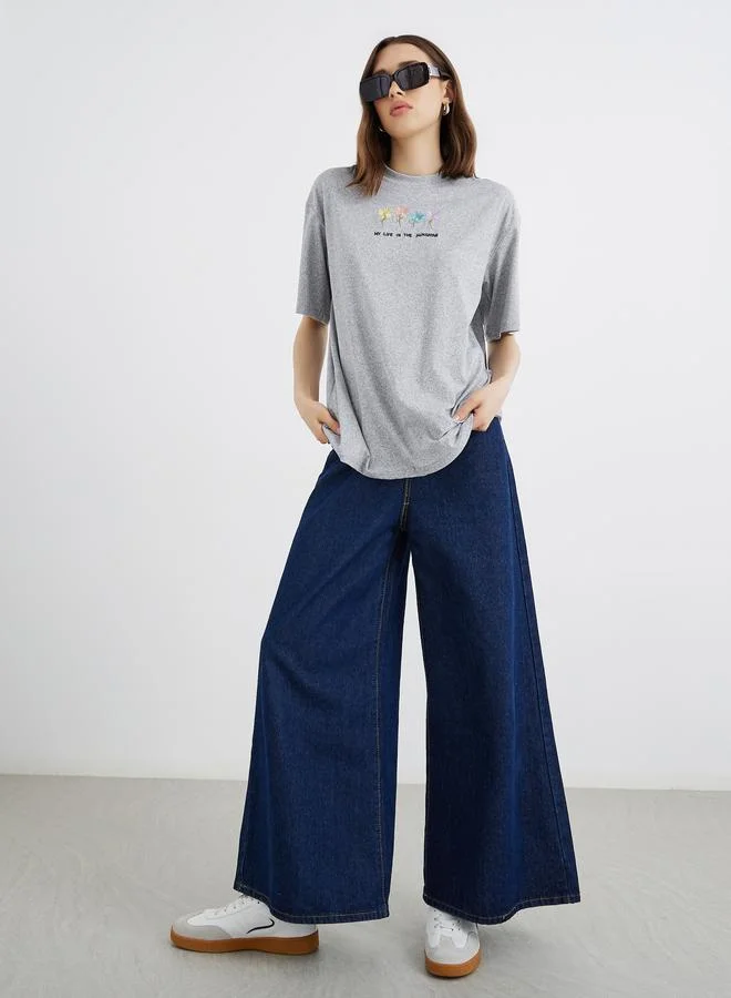تايك تو Take Two Embroidered Round Neck Oversized T-Shirt