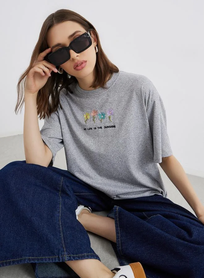 تايك تو Take Two Embroidered Round Neck Oversized T-Shirt