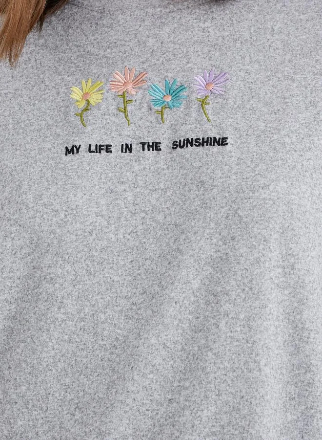 تايك تو Take Two Embroidered Round Neck Oversized T-Shirt
