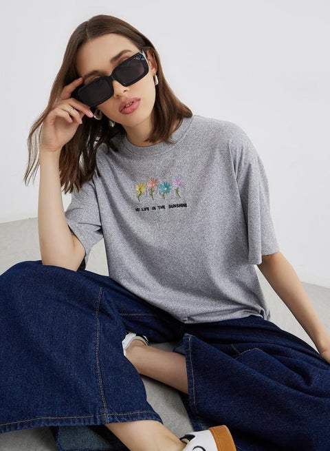 Embroidered Round Neck Oversized T-Shirt