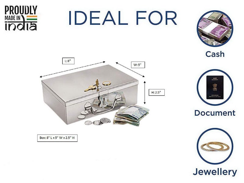 GinoSet ® Stainless Steel Cash/Coin/Jewellery Storage Rectangular Silver Boxes with Pre-Fitted Lock (8" x 5" x 2.7") (With Pre fited One Lock & 2 Key) (Medium Poja 8) - Image 1