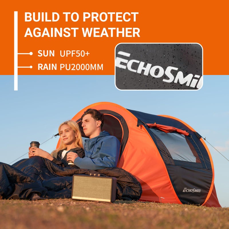 EchoSmile Instant Pop Up Camping Tent, 2 Person Easy Setup Tent, Water Resistant Dome, Portable with Carry Bag,Black & Orange - Image 5