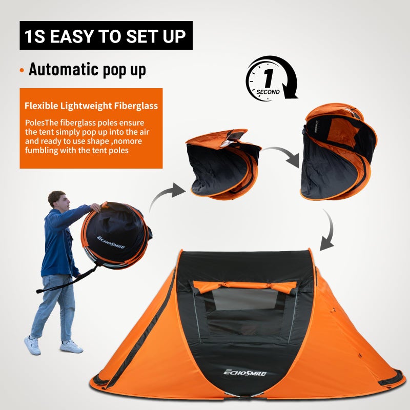 EchoSmile Instant Pop Up Camping Tent, 2 Person Easy Setup Tent, Water Resistant Dome, Portable with Carry Bag,Black & Orange - Image 3